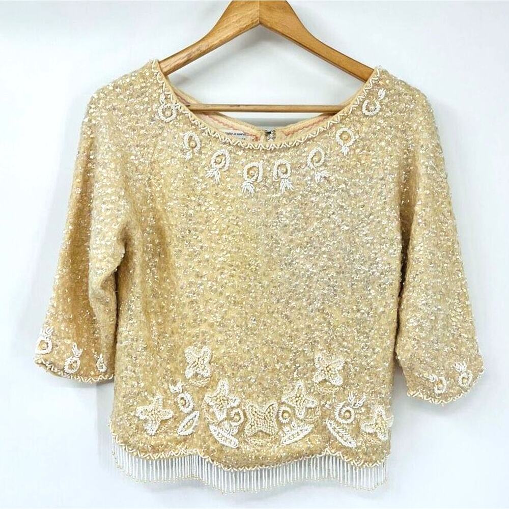 True Vintage 1950’s Womens Hand Beaded Wool Heavyweight Blouse Top Cream XL